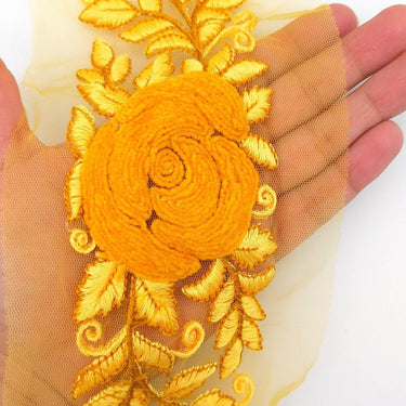 Orange Yellow Soft Net Fabric Lace Trim with Floral Embroidery, Lace Trim, Sari Border
